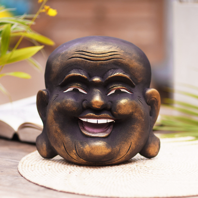 Wood mask, 'Knowing Buddha' - Gold Tone Wood Wall Mask of a Balinese Laughing Buddha