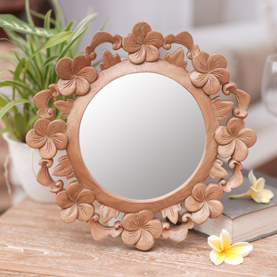 Mirror, 'Jepun Reflection' - Hand Carved Natural Wood Balinese Floral Wall Mirror