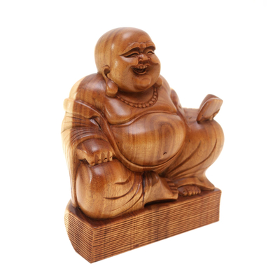 Wood sculpture, 'Buddha's Charm' - Balinese Hand Carved Laughing Buddha Wood Sculpture