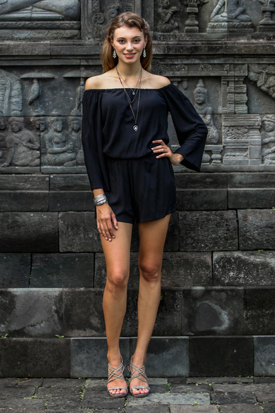 Rayon off-shoulder romper, 'City Diva' - Black Long Sleeved Rayon Romper from Indonesia