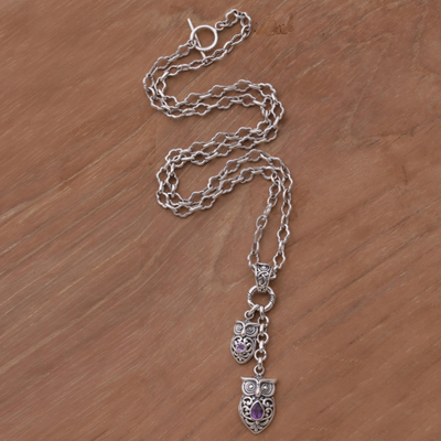 Amethyst pendant necklace, 'A Mother's Instinct' - Balinese Amethyst and Sterling Silver Owl Pendant Necklace