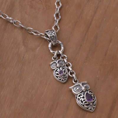 Amethyst pendant necklace, 'A Mother's Instinct' - Balinese Amethyst and Sterling Silver Owl Pendant Necklace