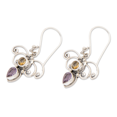 Citrine and amethyst dangle earrings, 'Manggar Flowers' - Citrine and Amethyst Spiral Dangle Earrings from Bali