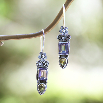 Amethyst and citrine dangle earrings, 'Colorful Roots' - Amethyst and Citrine Floral Dangle Earrings from Bali
