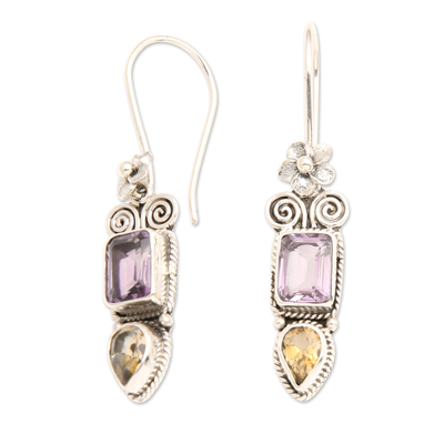 Amethyst and Citrine Floral Dangle Earrings from Bali