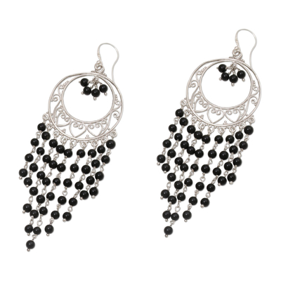 Circular Black Onyx Chandelier Earrings from Indonesia - Raining ...