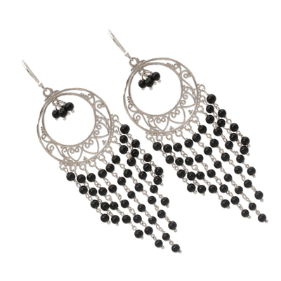Onyx chandelier earrings, 'Raining Dreamcatchers' - Circular Black Onyx Chandelier Earrings from Indonesia