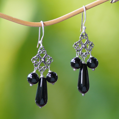 Onyx chandelier earrings, 'Black Droplets' - Onyx and Sterling Silver Chandelier Earrings from Indonesia