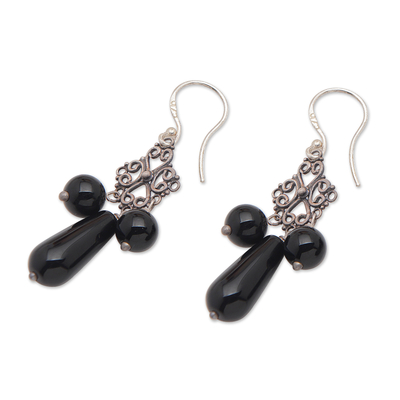 Onyx chandelier earrings, 'Black Droplets' - Onyx and Sterling Silver Chandelier Earrings from Indonesia