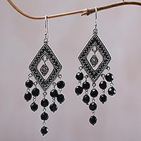 Gold accent onyx chandelier earrings, 'Galungan Rhombus' - Gold Accent Onyx Rhombus Chandelier Earrings from Bali
