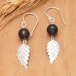 Onyx dangle earrings, 'Lucky Manggis' - Black Onyx Leaf Dangle Earrings from Indonesia