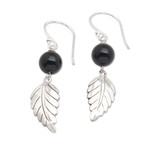 Onyx dangle earrings, 'Lucky Manggis' - Black Onyx Leaf Dangle Earrings from Indonesia