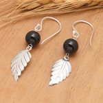 Onyx dangle earrings, 'Lucky Manggis' - Black Onyx Leaf Dangle Earrings from Indonesia