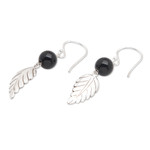 Onyx dangle earrings, 'Lucky Manggis' - Black Onyx Leaf Dangle Earrings from Indonesia