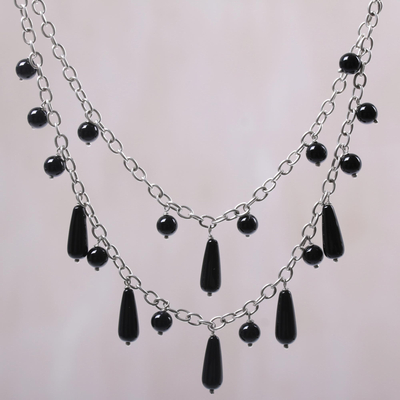 Onyx pendant necklace, 'Sophisticated Princess' - Onyx and Sterling Silver Pendant Necklace from Indonesia