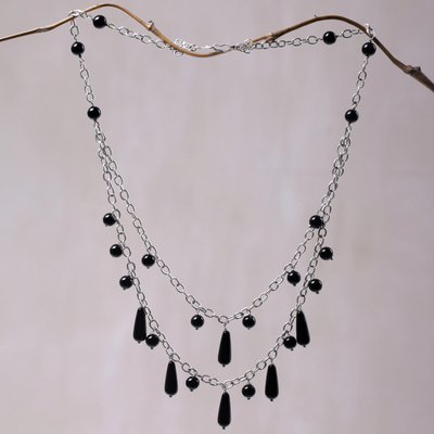 Onyx pendant necklace, 'Sophisticated Princess' - Onyx and Sterling Silver Pendant Necklace from Indonesia