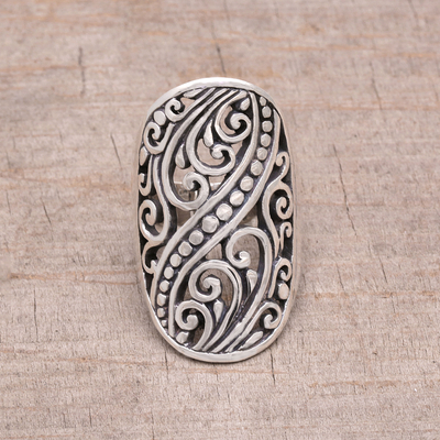 Sterling silver band ring, 'Balinese Shield' - Hand Crafted Sterling Silver Openwork Ring from Indonesia