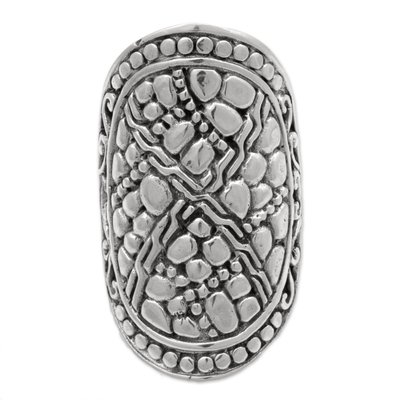 Sterling silver cocktail ring, 'Stone Shield' - Indonesian Handmade Sterling Silver Ring with Swirl Motifs