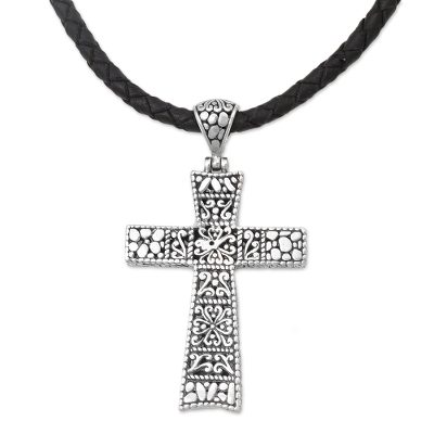 Sterling silver pendant necklace, 'Almighty Cross' - Engraved Sterling Silver & Leather Cross Necklace from Bali