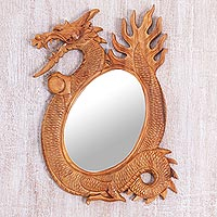 Mirror, 'Dragon Reflection' - Espejo de pared de madera tallada a mano con un dragón balinés