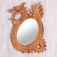 Mirror, 'Dragon Reflection' - Hand Carved Wood Wall Mirror with a Balinese Dragon