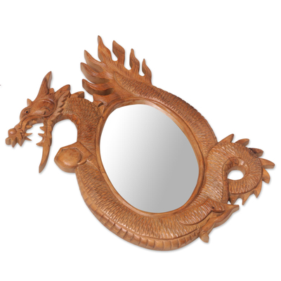Mirror, 'Dragon Reflection' - Hand Carved Wood Wall Mirror with a Balinese Dragon