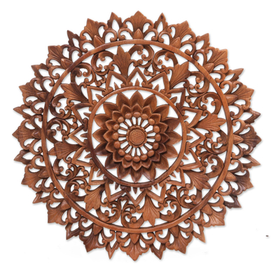 Wood relief panel, 'Padma Parade' - Circular Floral Wood Wall Relief Panel from Indonesia
