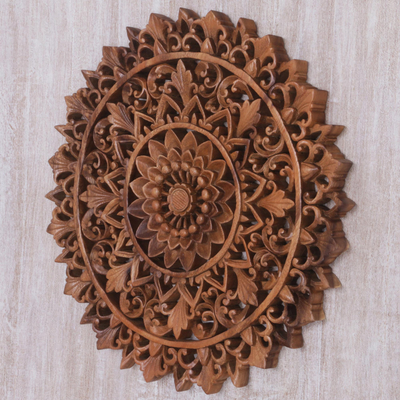 Wood relief panel, 'Padma Parade' - Circular Floral Wood Wall Relief Panel from Indonesia