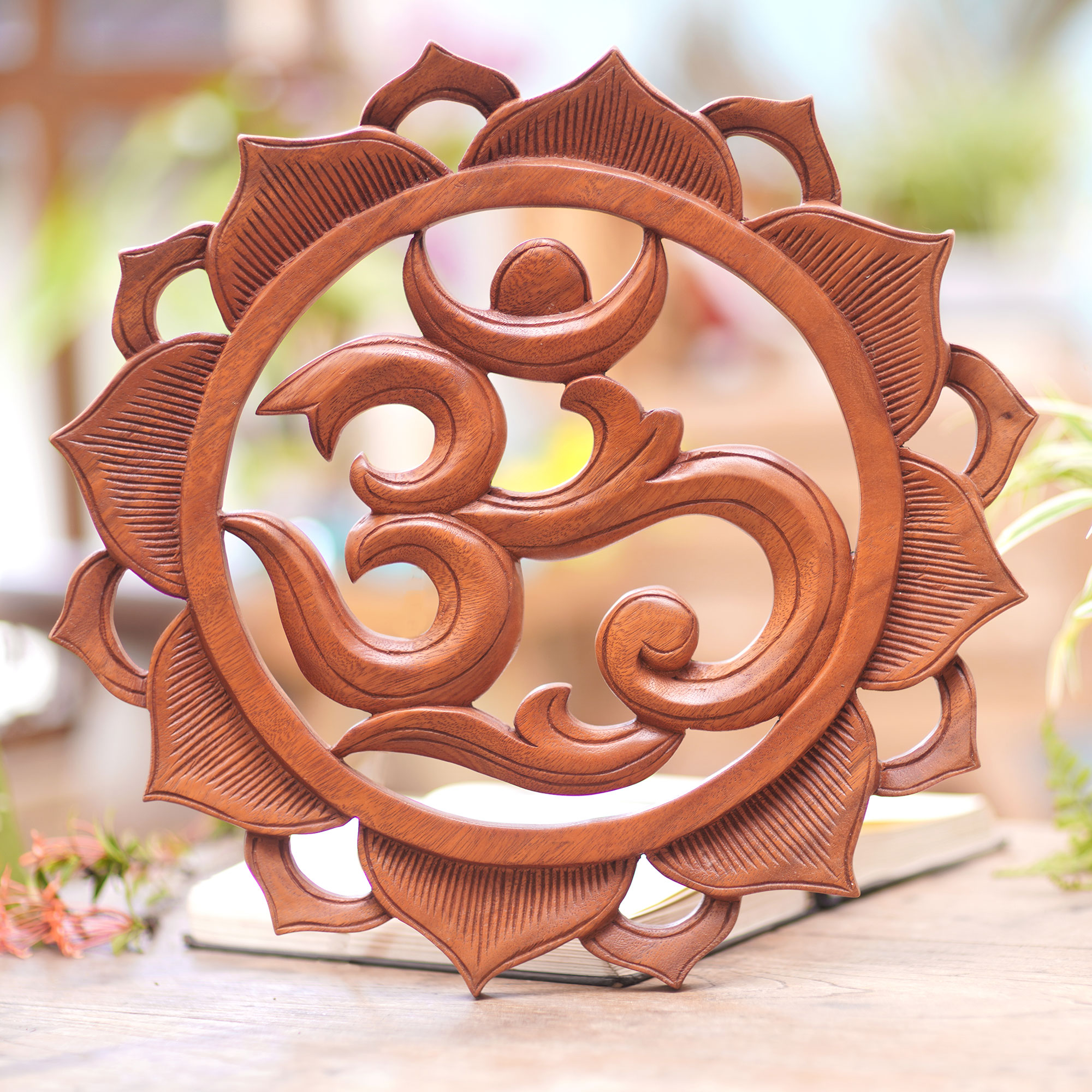 Hand Carved Wood Floral Lotus Om Relief Panel from Bali - Om