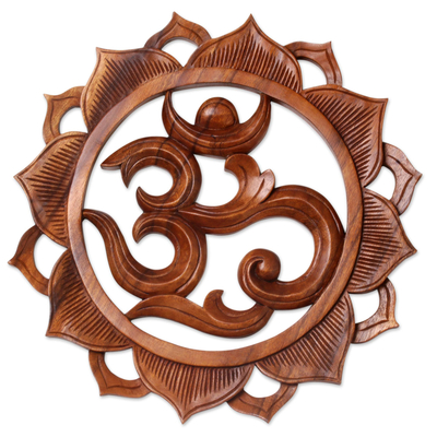 Wood relief panel, 'Om Petals' - Hand Carved Wood Floral Lotus Om Relief Panel from Bali