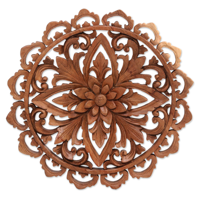 Wood relief panel, 'Temple of the Flower' - Hand Carved Wood Floral Relief Panel from Bali