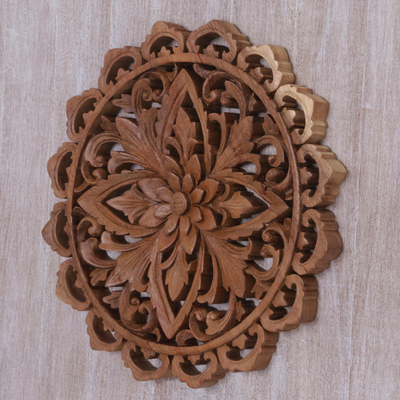 Wood relief panel, 'Temple of the Flower' - Hand Carved Wood Floral Relief Panel from Bali