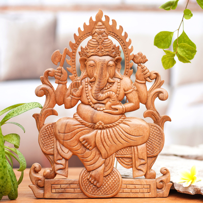 Reliefplatte aus Holz - Handgeschnitzte Ganesha-Hindu-Reliefplatte aus balinesischem Suar-Holz