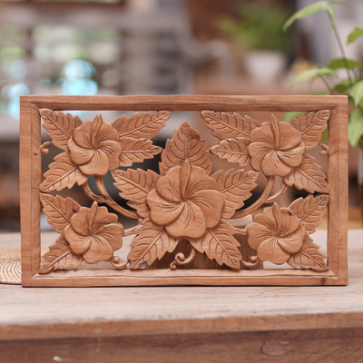 Wood relief panel, 'Shoe Flowers' - Hand Carved Shoe Flower Wood Wall Relief Panel from Bali