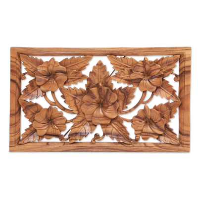 Panel en relieve de madera - Panel de relieve de pared de madera con flor de zapato tallada a mano de Bali