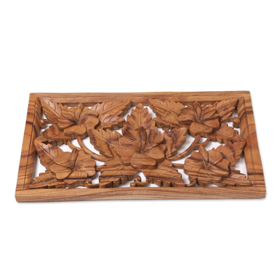 Wood relief panel, 'Shoe Flowers' - Hand Carved Shoe Flower Wood Wall Relief Panel from Bali