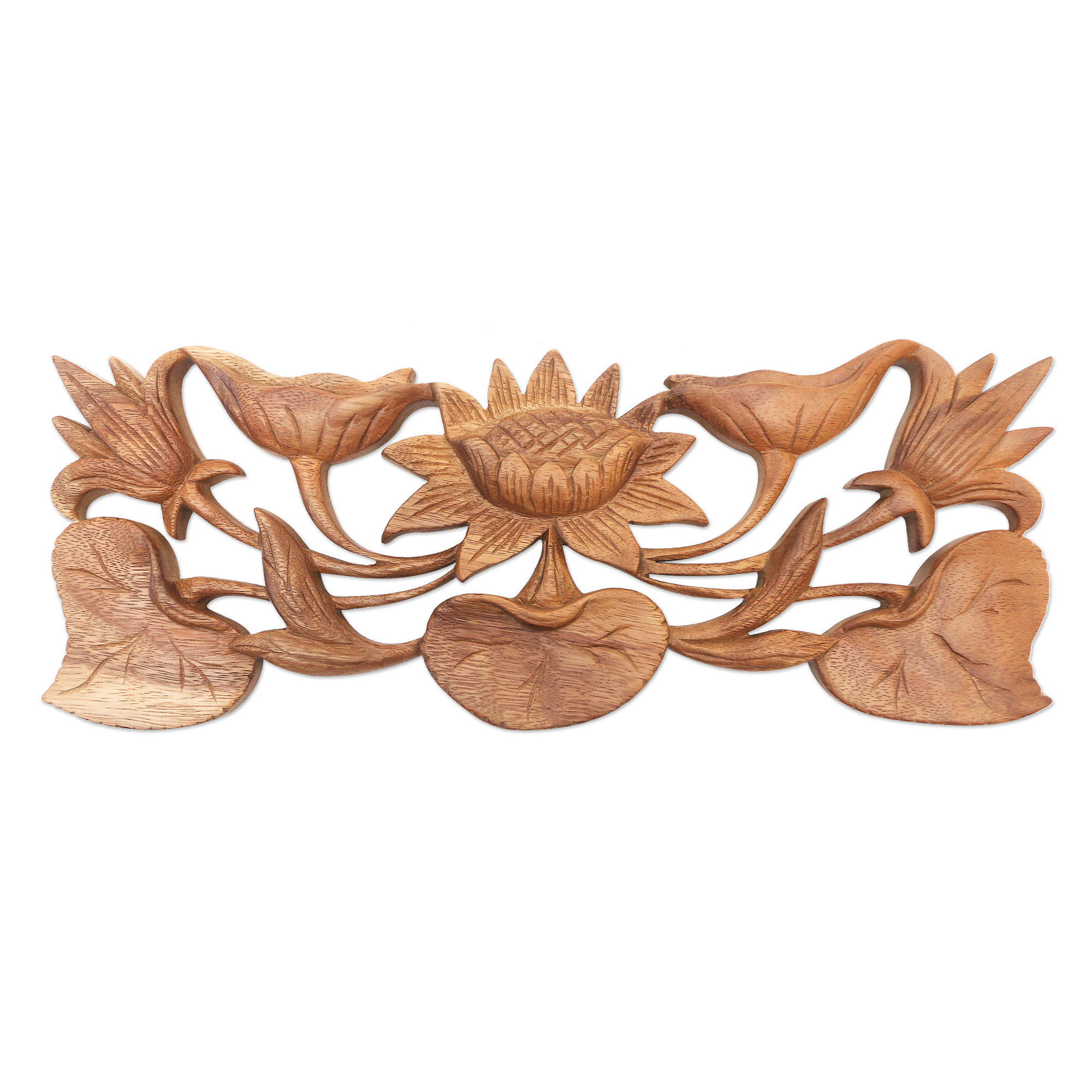 Indonesian Hand Carved Lily Flower Wood Wall Relief Panel Lily Blossom NOVICA