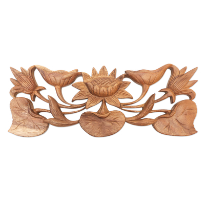 Indonesian Hand Carved Lily Flower Wood Wall Relief Panel