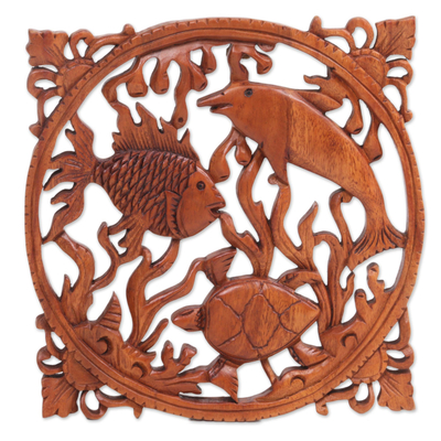 Suar Wood Wall Relief Panel of Sea Life from Indonesia