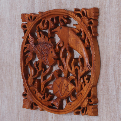 Wood relief panel, 'Life of the Sea' - Suar Wood Wall Relief Panel of Sea Life from Indonesia
