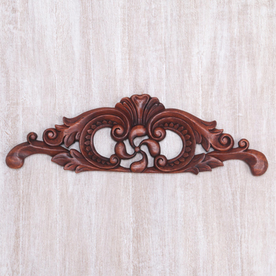 Wood wall relief, 'Ferny Wall' - Hand Carved Leafy Wood Wall Relief Panel from Indonesia