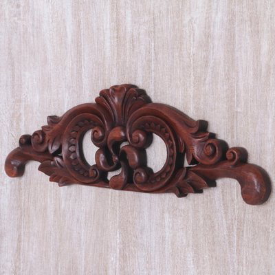 Wood wall relief, 'Ferny Wall' - Hand Carved Leafy Wood Wall Relief Panel from Indonesia