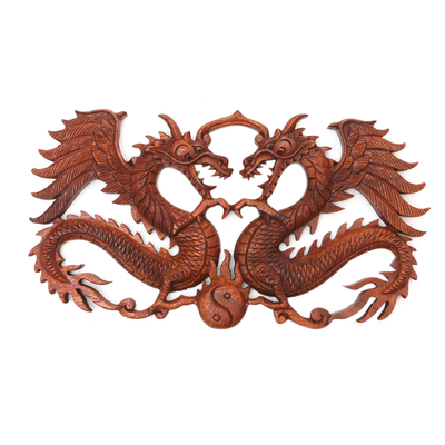 Wood wall relief, 'Bestial Balance' - Hand Carved Dragon Duo Wood Wall Relief Panel from Indonesia