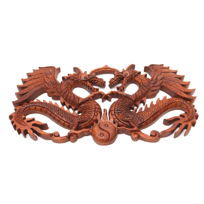 Wood wall relief, 'Bestial Balance' - Hand Carved Dragon Duo Wood Wall Relief Panel from Indonesia