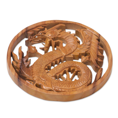 Wood relief panel, 'Enraged Dragon' - Suar Wood Wall Relief Panel of a Dragon from Indonesia