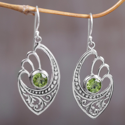 Peridot dangle earrings, 'Green Wings' - Balinese 925 Sterling Silver Earrings with Peridot