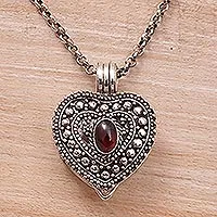 Garnet locket necklace, 'Garnet Love' - Garnet and Sterling Silver Heart Locket Necklace