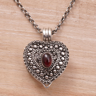 Garnet locket necklace, 'Garnet Love' - Garnet and Sterling Silver Heart Locket Necklace