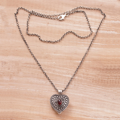 Granat-Medaillon-Halskette - Herz-Medaillon-Halskette aus Granat und Sterlingsilber