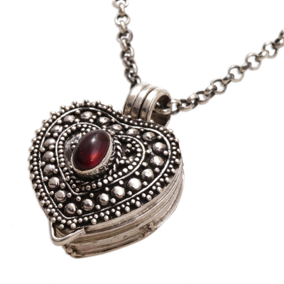 Garnet locket necklace, 'Garnet Love' - Garnet and Sterling Silver Heart Locket Necklace